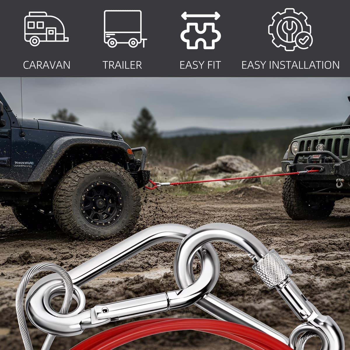 Breakaway Cable - 1m x 4mm Trailer Caravan Break Away Cable with 2 Carabiners, Easy Quick Fit Breakaway Cable Carbine Threaded Hook Towing Caravan Trailer for Breakaway Brake Safety Handbrake — view 5