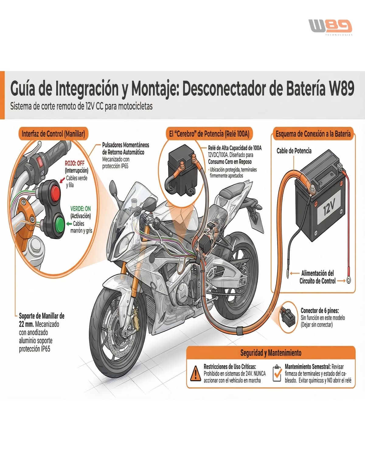 W89 Desconectador de Batería para Moto 12V | Interruptor Corte Corriente sin Consumo (0W) | Kit Completo | 100A Plug & Play (Ubicación Libre) — view 3