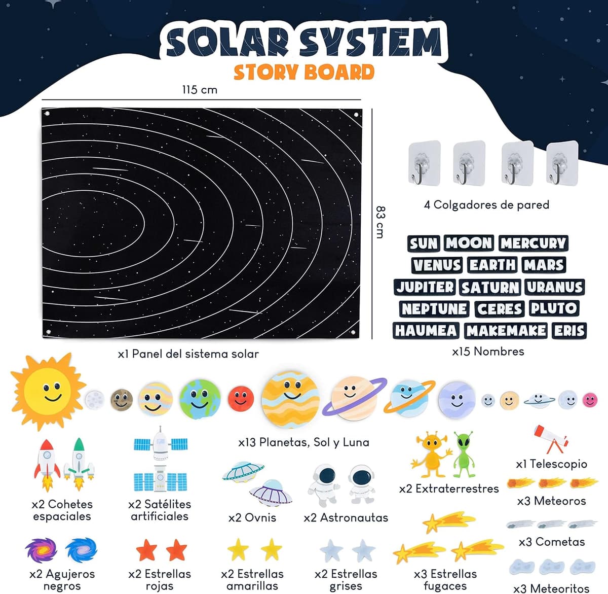 BONNYCO Sistema Solar para Niños con 61 Figuras Fieltro. Planetas Sistema Solar para Niños, Juguetes Montessori 3 4 5 6 7 8 Años. Juegos Educativos, Regalos Infantiles Planetario Cumpleaños Navidad