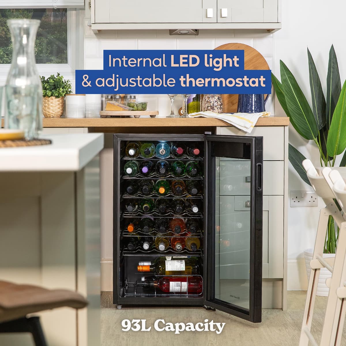Russell Hobbs Undercounter Fridge 93 Litre/34 Bottle Freestanding Wine & Drinks Fridge Beer in Black LED Light, Drinks & Snacks Glass Door, Energy Efficient, 2 Year Guarantee RH34WC101B — view 4