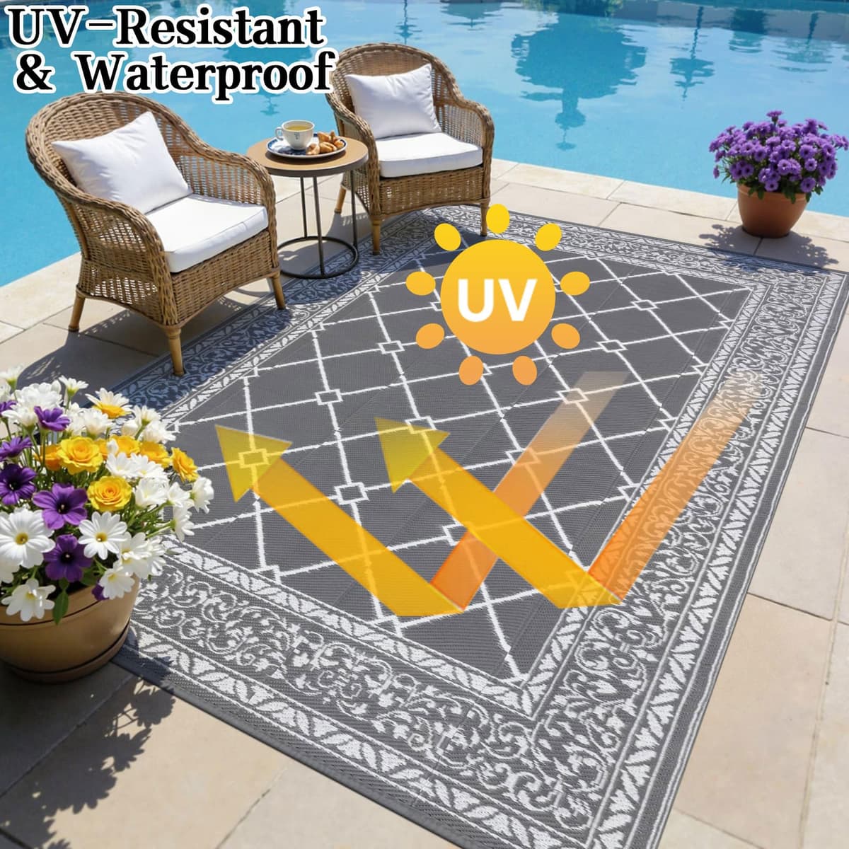 SHACOS Outdoor Rug for Patios Waterproof 240x300 cm Reversible Garden Rug Patio Rugs UV Resistant Foldable Outdoor Carpet Mat Plastic Straw Rugs for Balcony Decking Camping Beach, Grey — view 4
