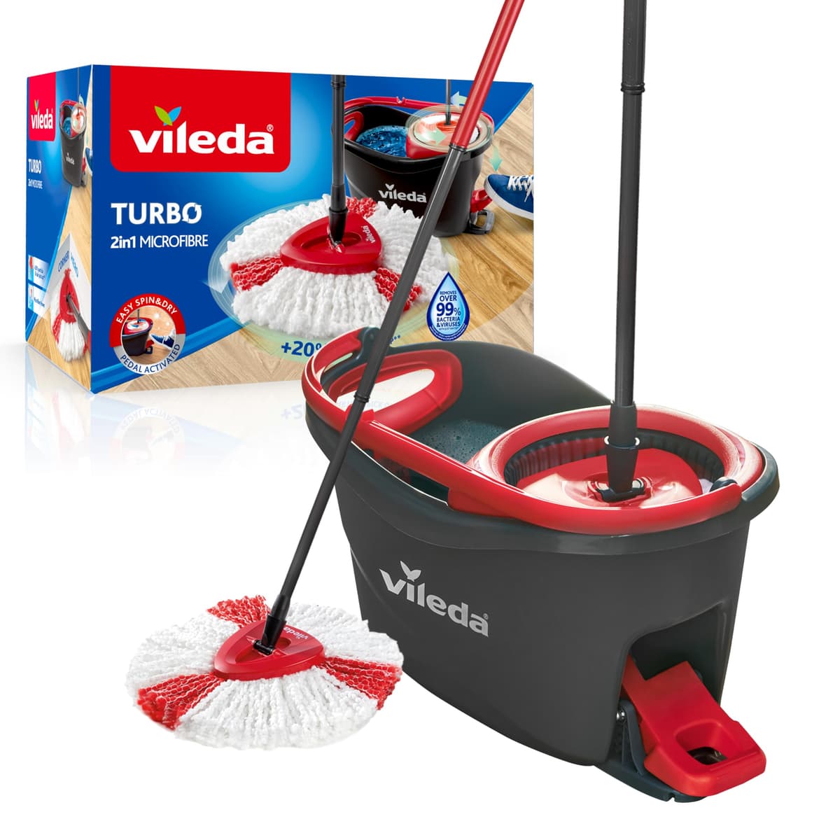 Vileda Turbo 2in1 Spin Mop & Bucket Set with Foot Pedal, Telescopic Handle up to 123cm, 2-in-1 Microfibre Mop Head for Deep Cleaning, Removes 99% Dirt with Water, Suitable for All Hard Floors, Red