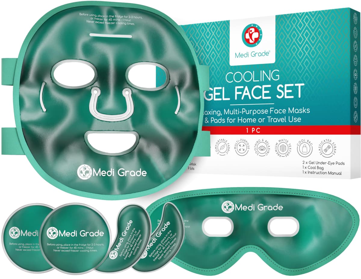 Antifaz de Gel Frío y Mascara para Ojos – Tecnología de Gel Facial de Medi Grade – Set para Cuidado Facial de Mujer y Hombre, Mascara de Frio para Cara Ojos y Anti Ojeras