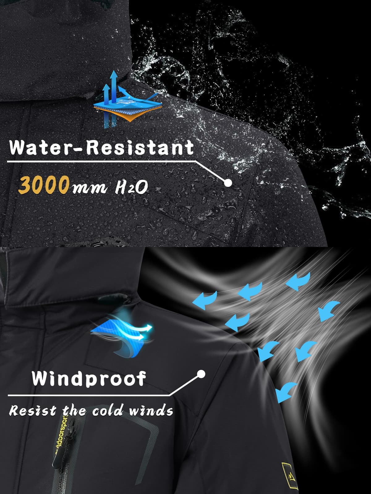KEFITEVD Hombre Impermeables Lana Chaquetas Impermeables Esquí Cálidos Invierno Abrigos Térmicos Exteriores Abrigos con Capucha Desmontable — view 4