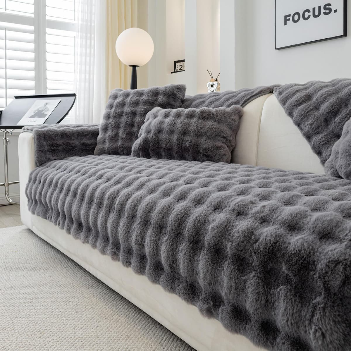Topchances Soft Plush Sofa Cover - New Non-Slip Sofa Covers 1 2 3 Seater, Rabbit Faux Fur Couch Covers, Fluffy Couch Cover, Sofa Cover L Shape Furniture Protector for Living Room (Dark Grey, 90x180)