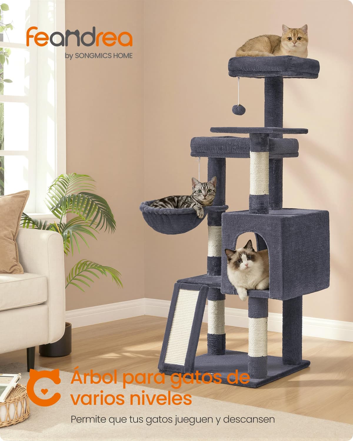 Feandrea Árbol para Gatos, Rascador de Gatos, Torre con Postes y Rampa Rascador, 3 Grandes Plataformas, 1 Cueva, 1 Hamaca, 2 Pompones, Altura 136 cm, Gris Oscuro PCT012GS01 — view 2
