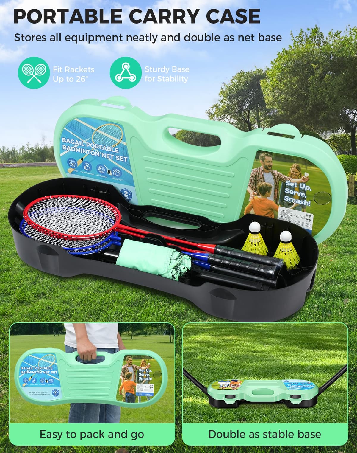 BAGAIL Conjunto de Red de bádminton portátil - Bolsa de Almacenamiento - Base autónoma - Instalación rápida - Red de bádminton con 4 Raquetas y 4 Volantes para Jugar en Interiores y Exteriores — view 4