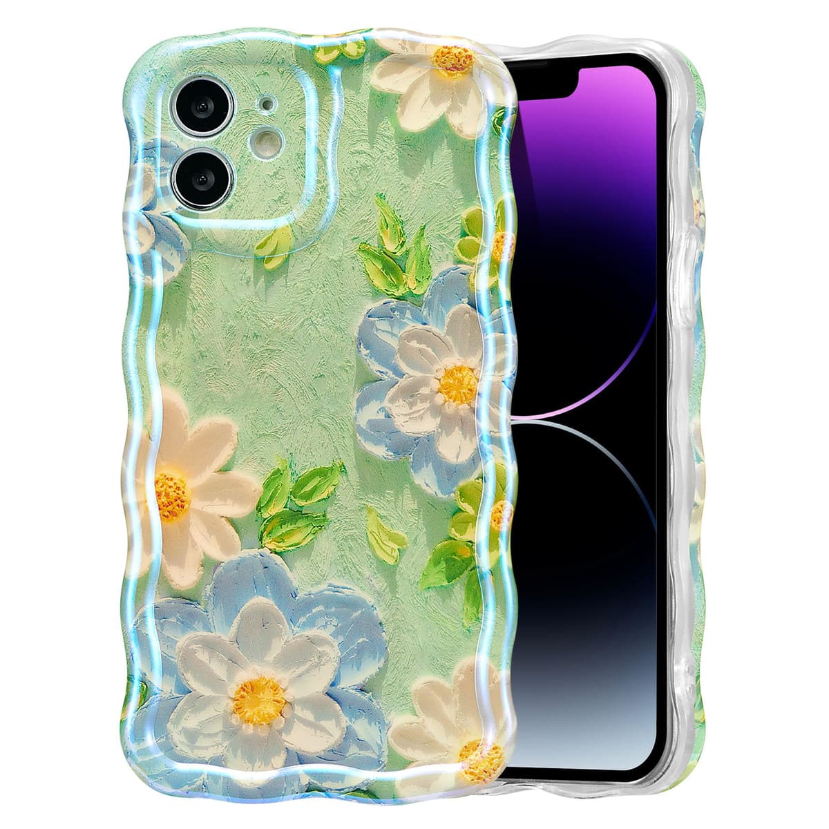EYZUTAK Case for iPhone 16, Colorful Retro Oil Painting Printed Flower Laser Glossy Pattern Cute Curly Wave Edge Exquisite Phone Cover Stylish Durable TPU Protective Case for Girl Women-Green — view 78