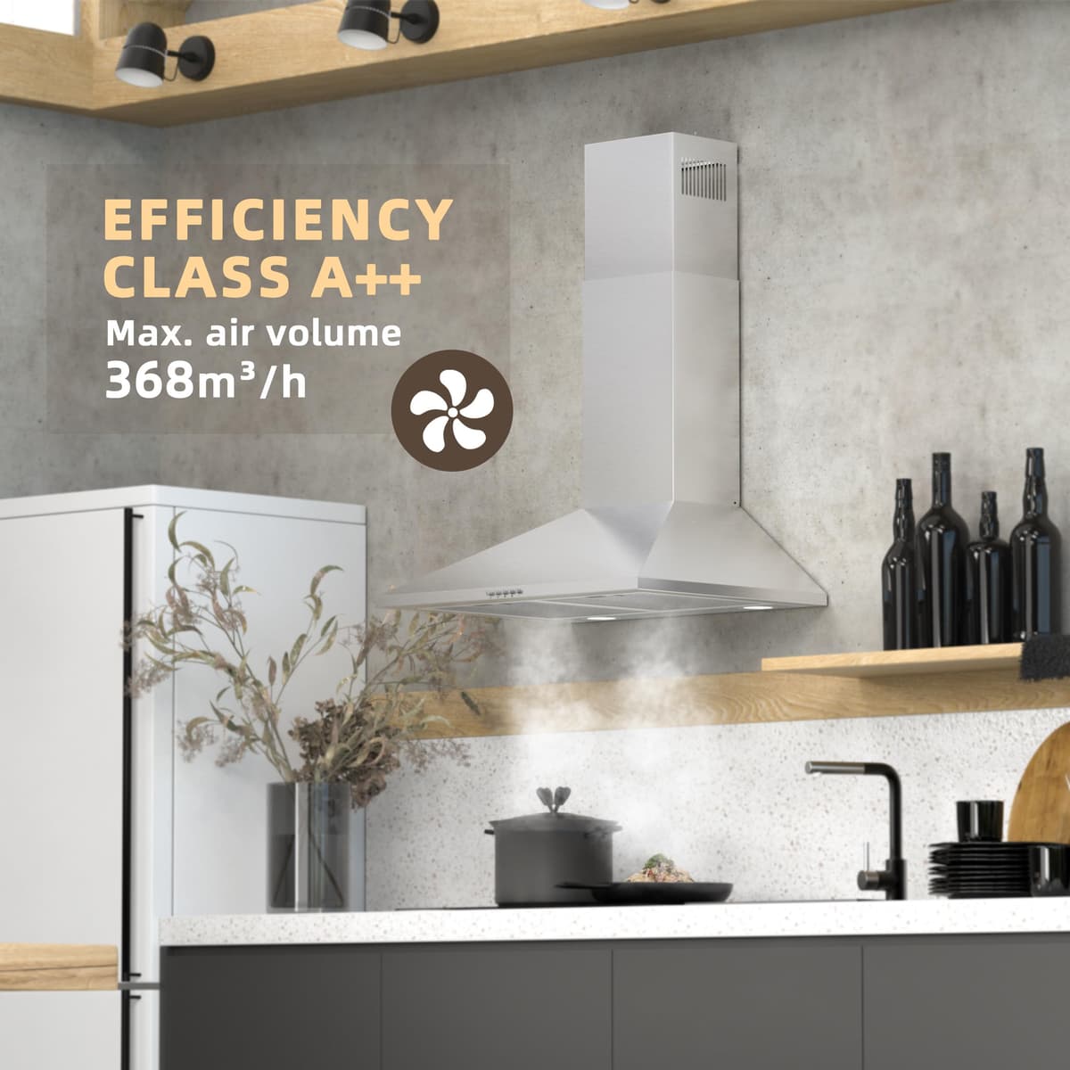 FIREGAS 60 cm Chimney Cooker Hood with Brushless Motor,Stainless Steel Extractor Hood with LED and Recirculating & Ducting System Wall Mounted Range Hood with Recirculating Carbon Filter — view 2