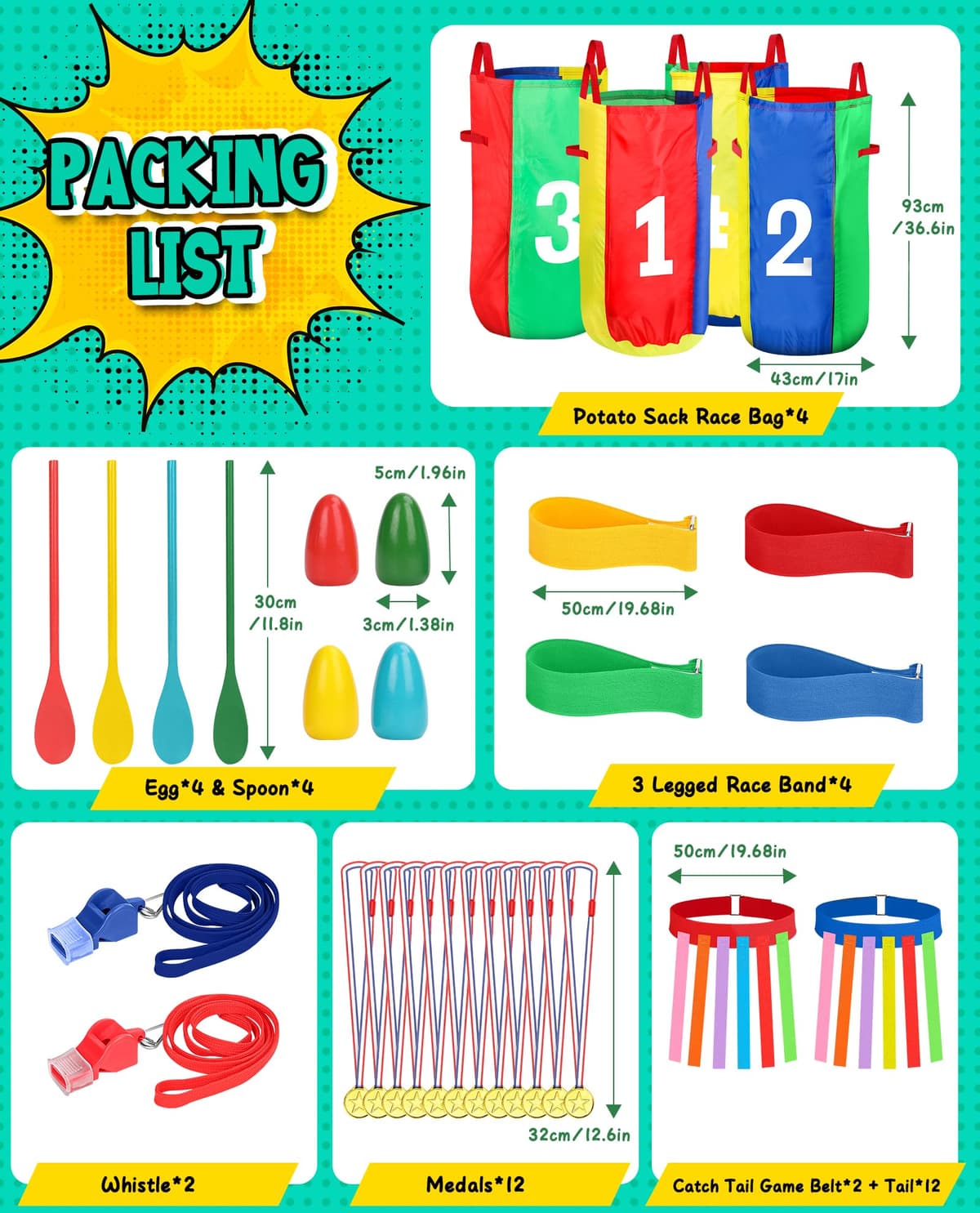 Eocolz Outdoor Carnival Games, Potato Sack Bags for Kids Adults, Egg Spoon Relay Race, 3 Legged Race Bands, Catch Tail Games, Birthday Party, Field Day Family Day Yard Lawn Easter Fall Festival Games — view 4