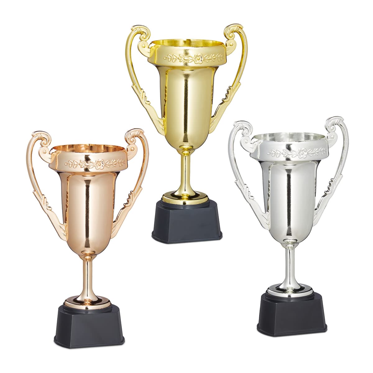Relaxdays Set de 3 Copas de Trofeo, Ceremonia de Premio, Torneos Deportivos, Sin Grabado, 22,5x13,5x8,5 cm, Multicolor