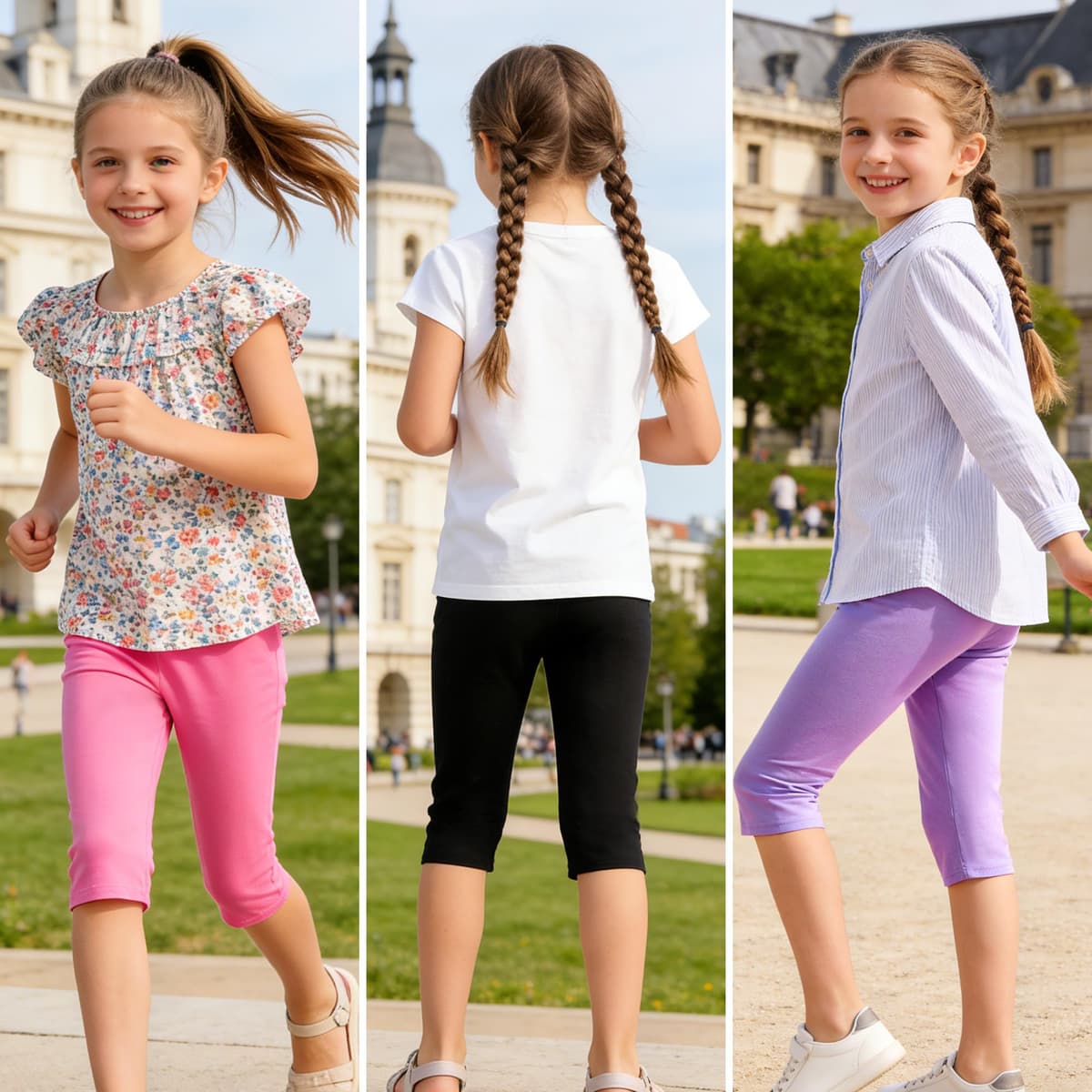 Domueay Niñas Leggings 3/4 Algodón Transpirable Elástica Deportivas Pantalones Cortos Cómodos Leggins, Pack de 3, Color Sólidos Niña Baile Escolar Mallas Infantiles Verano Ropa 6-13 Años — view 2