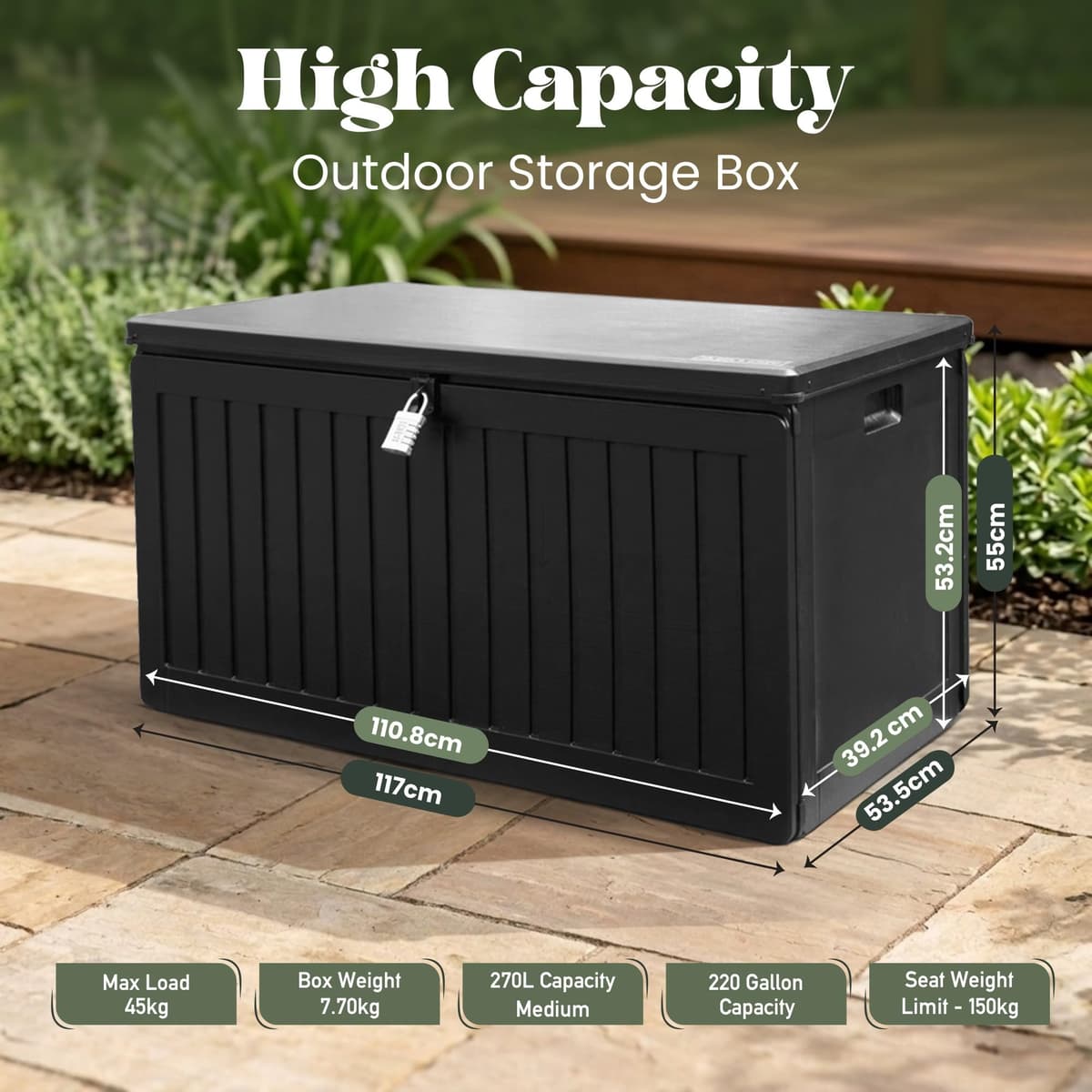 Olsen & Smith Lockable Outdoor Garden Plastic Storage Box Container Chest - Small Lawn Balcony Furniture, Weather Resistant, Wood Panel Effect (270L) — view 2