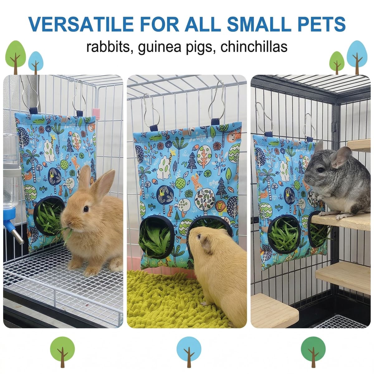 Bolsa de Heno para Conejos y Cobayas con 2 Agujeros, Comedero de Tela Lavable para Mascotas Pequeñas, Dispensador de Heno Colgante para Chinchillas y Hámsteres, Diseño Bosque Azul — view 5