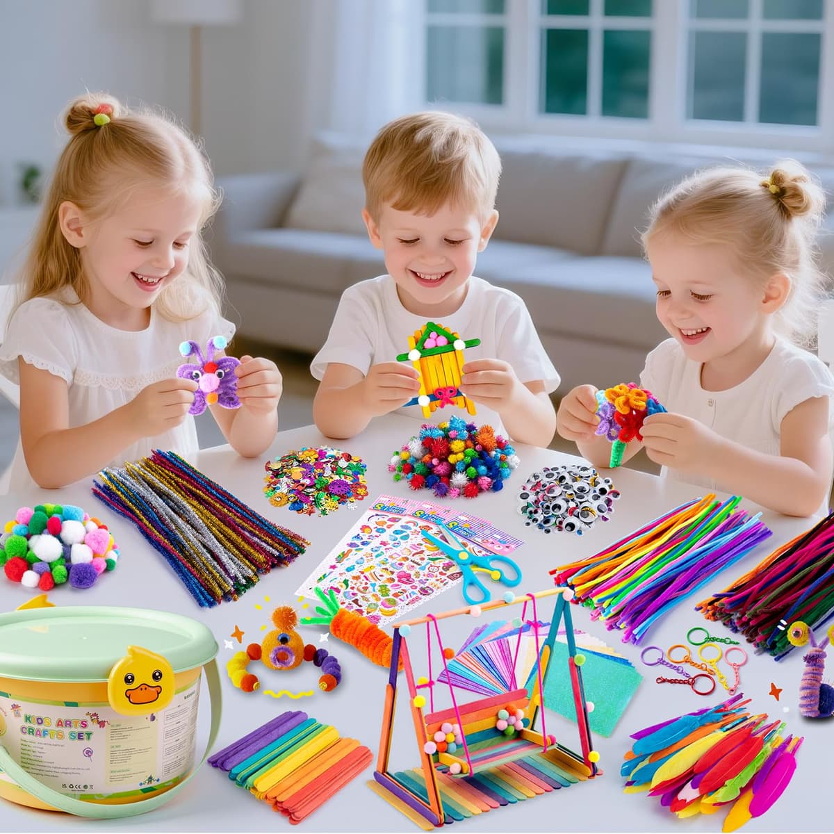 Sundaymot DIY Craft Kits for Kids, Arts and Crafts for Kid with Pipe Cleaners, Feather, Crafting Box and Pom Poms, Toddlers Kids Activity Packs Toys for Girls Boys Ages 3-12 Birthday Gifts — view 7