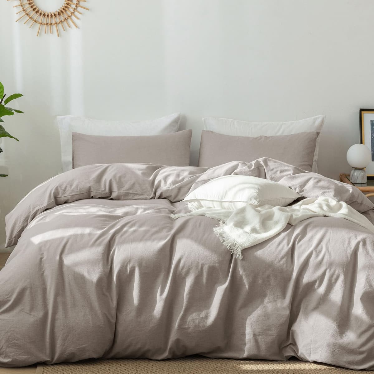 MooMee Bedding Duvet Cover Set 100% Washed Cotton Linen Like Textured Breathable Durable Soft Comfy (Tannish Linen Grey, King) — view 171