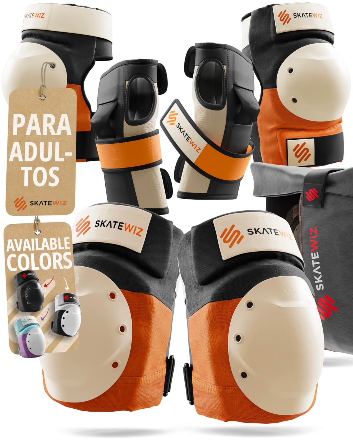 SKATEWIZ Protecciones Patines Adulto, Rodilleras Skate - Protecciones Patines de Hielo - Kit Protección Skate - Rodilleras y Coderas Adulto - Shield Talla L Naranja