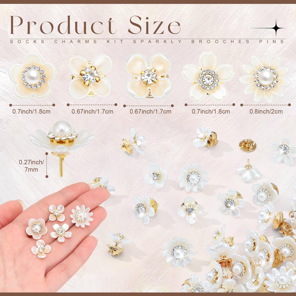 Trnayi 50 Pcs Junk Socks Charms Kit Sparkly Brooches Pins for Women Socks, Pearls Rhinestones Brooch Jewelry with Safety Pins, DIY Accessories Bulk for Clothing Hat Shoe Sneakers Bags — view 2