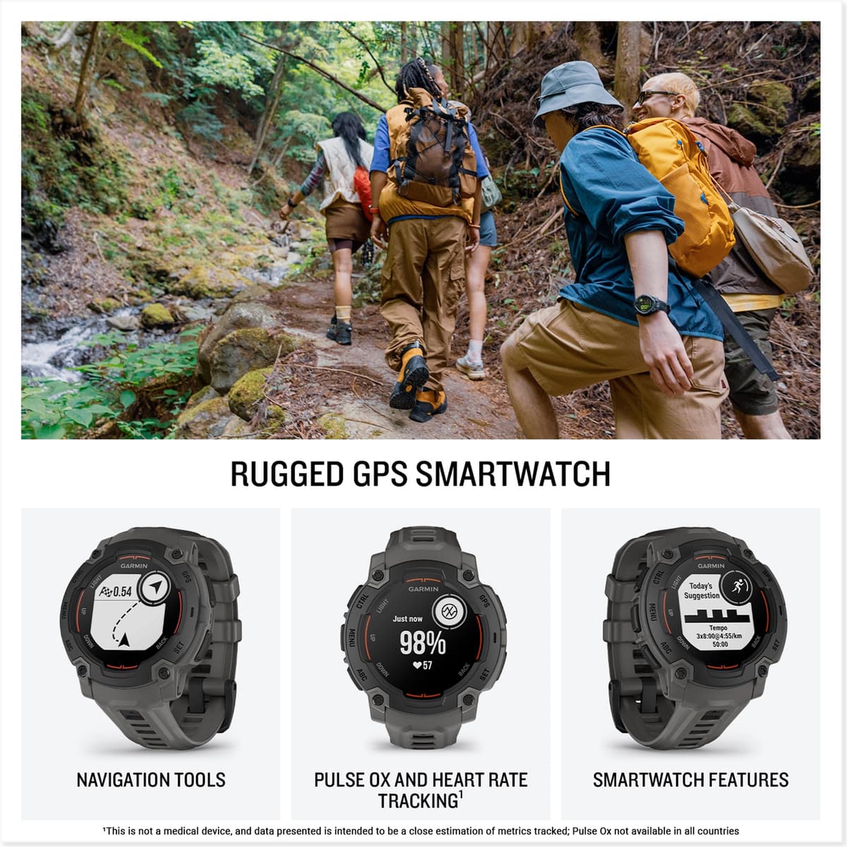 Garmin Instinct E, 45 mm rugged GPS smartwatch with essential smart features, built in sports apps, supertough design features, up to 16 days battery life, Black Bezel with Charcoal band — view 2
