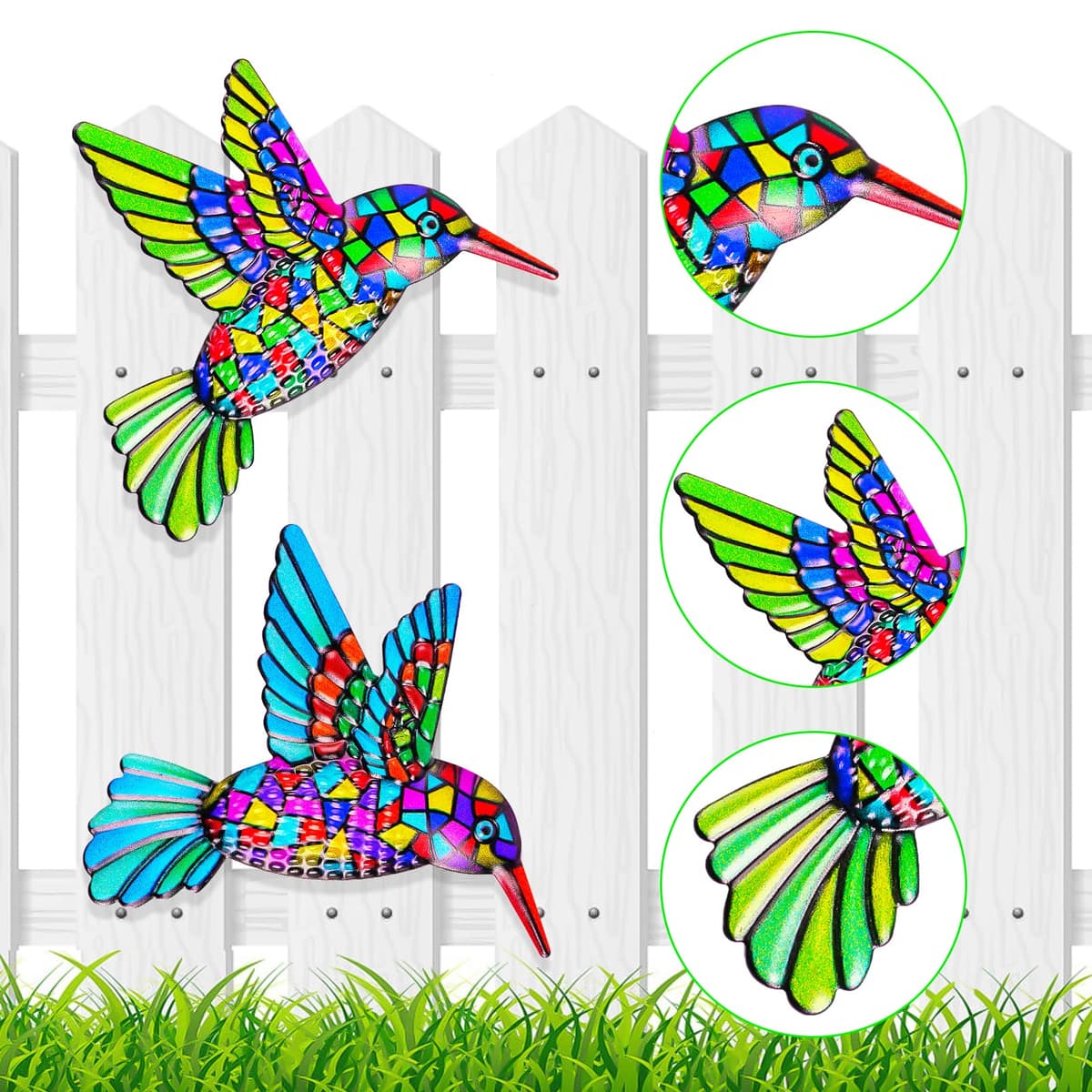 OFFCUP Metal Hummingbird Wall Decor, 2 Pack Metal Hummingbird Wall Art Decor, Wrought Iron Colorful Hummingbird Wall Sculptures, Outdoor Garden Fence Ornaments Hanging for Backyard Porch Patio — view 2
