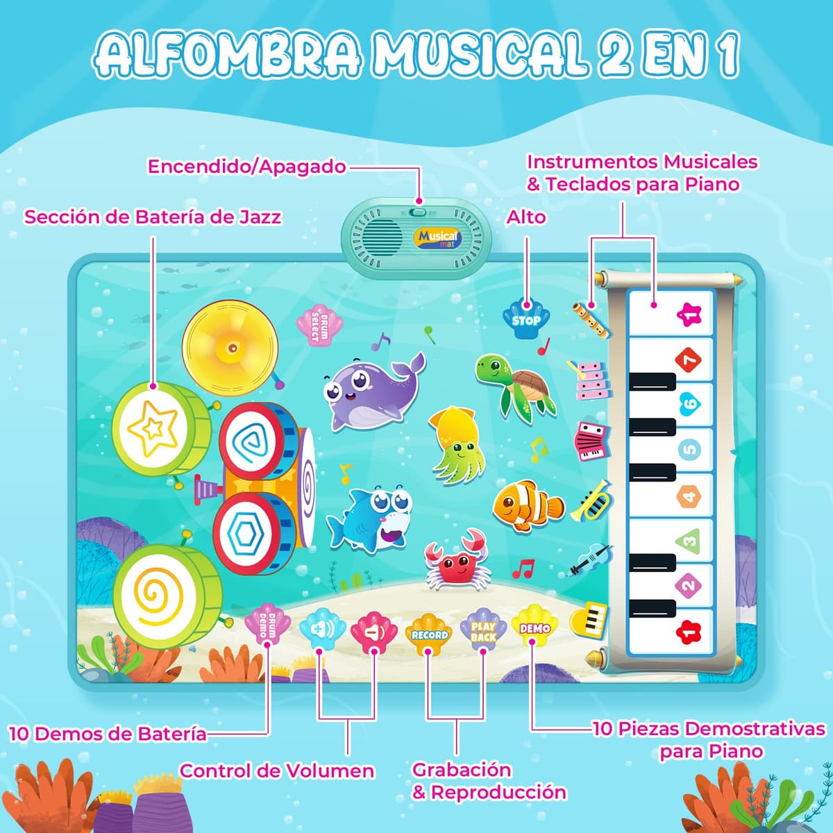 kidmance Juguetes 1 Niños Año, Alfombra Musical para Bebés con Piano, Tambor y 6 Animales Marinos, Regalo Ideal para Bebé Niños de 1 a 3 Años (Cumpleaños, Navidad, Bautizo) — view 2