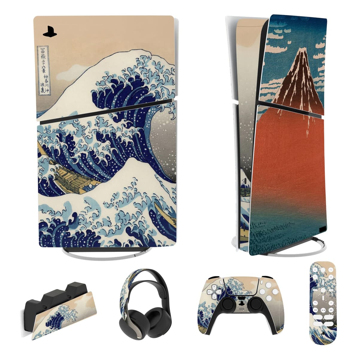 playvital Full Set Skin Sticker for ps5 Slim Console Digital Edition (The New Smaller Design), Vinyl Skin Decal Cover for ps5 Controller & Headset & Charging Station & Media Remote - The Great Wave
