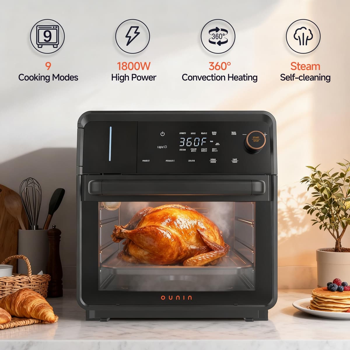 OUNIN Steam Oven 18L, 11-in-1 Air Fryer Oven with Steam Infusion, Dual Cook, Bake, Roast, Dehydrate & Self-Cleaning, 360° Even Heating, Easy to Use, Stainless Steel Inner, Space-saving Design — view 5