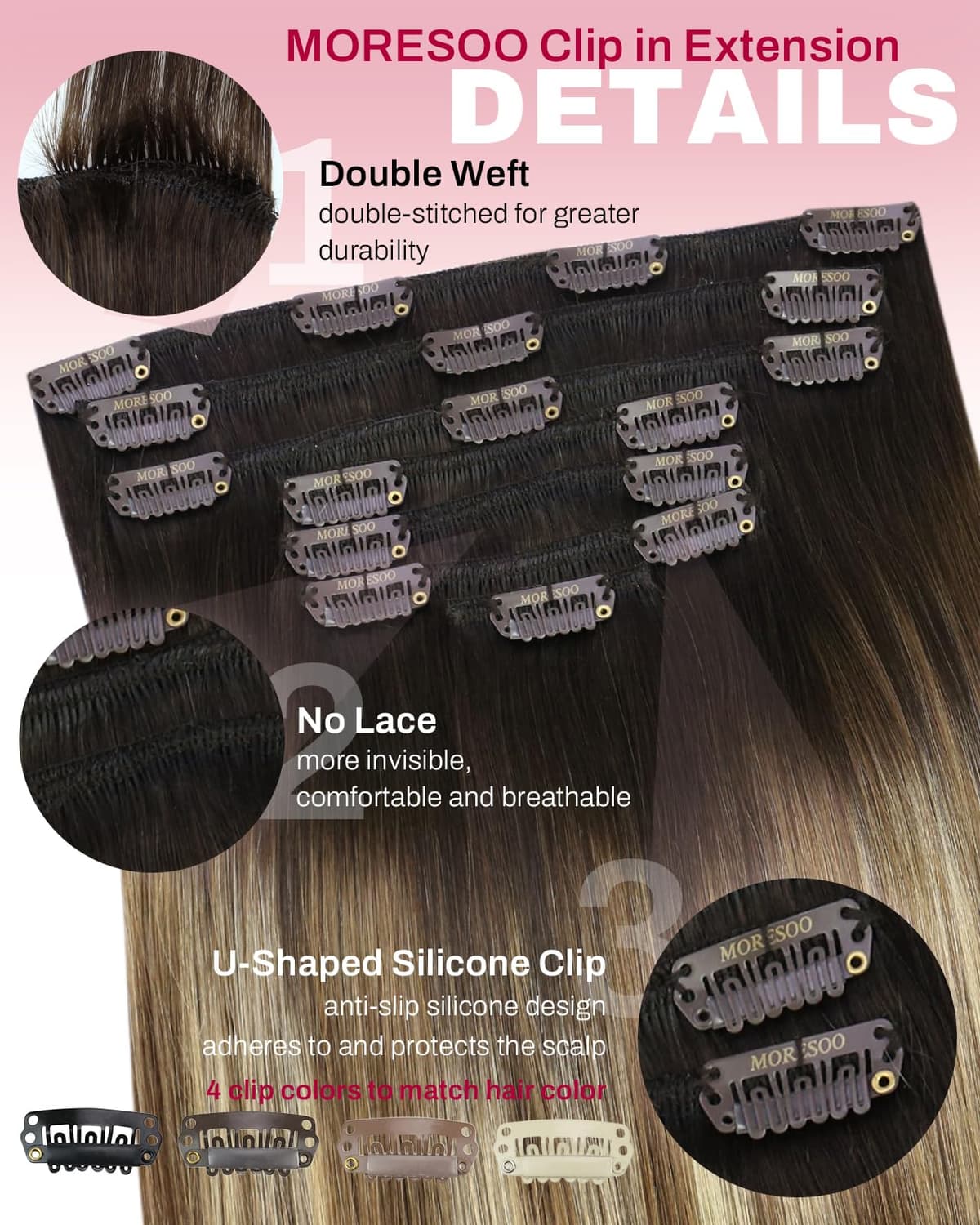 Moresoo Clip in Hair Extensions Real Human Hair Balayage Medium Brown and Blonde Real Hair Extensions Clip in Human Hair for Women Full Head 22 Inch 7pcs/120g #4/6/613 — view 4