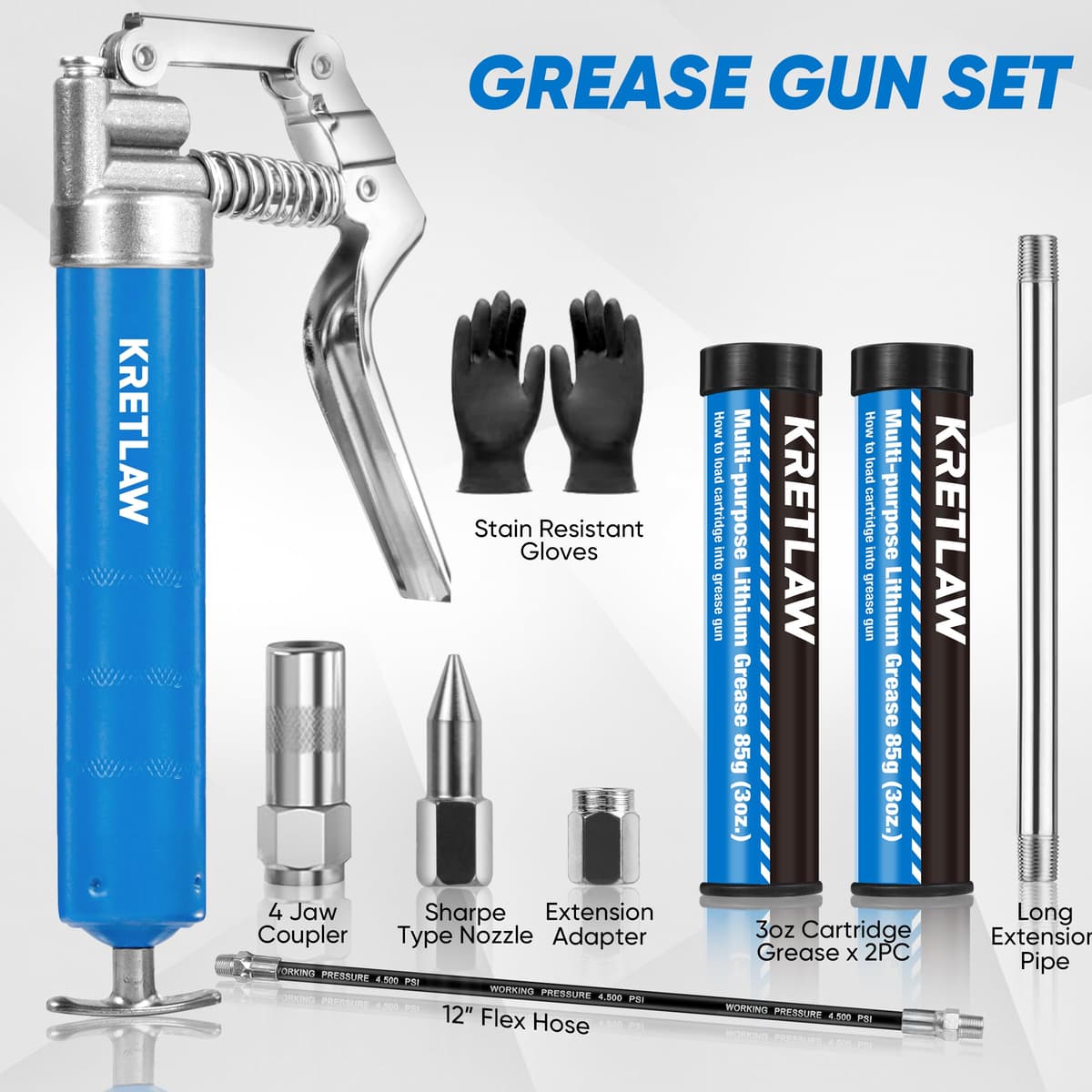 KRETLAW Mini Grease Gun (3000PSI) with Double 85G Cartridge Grease and Flexible Hose, Reinforced Coupler for Automotive,Marine — view 3