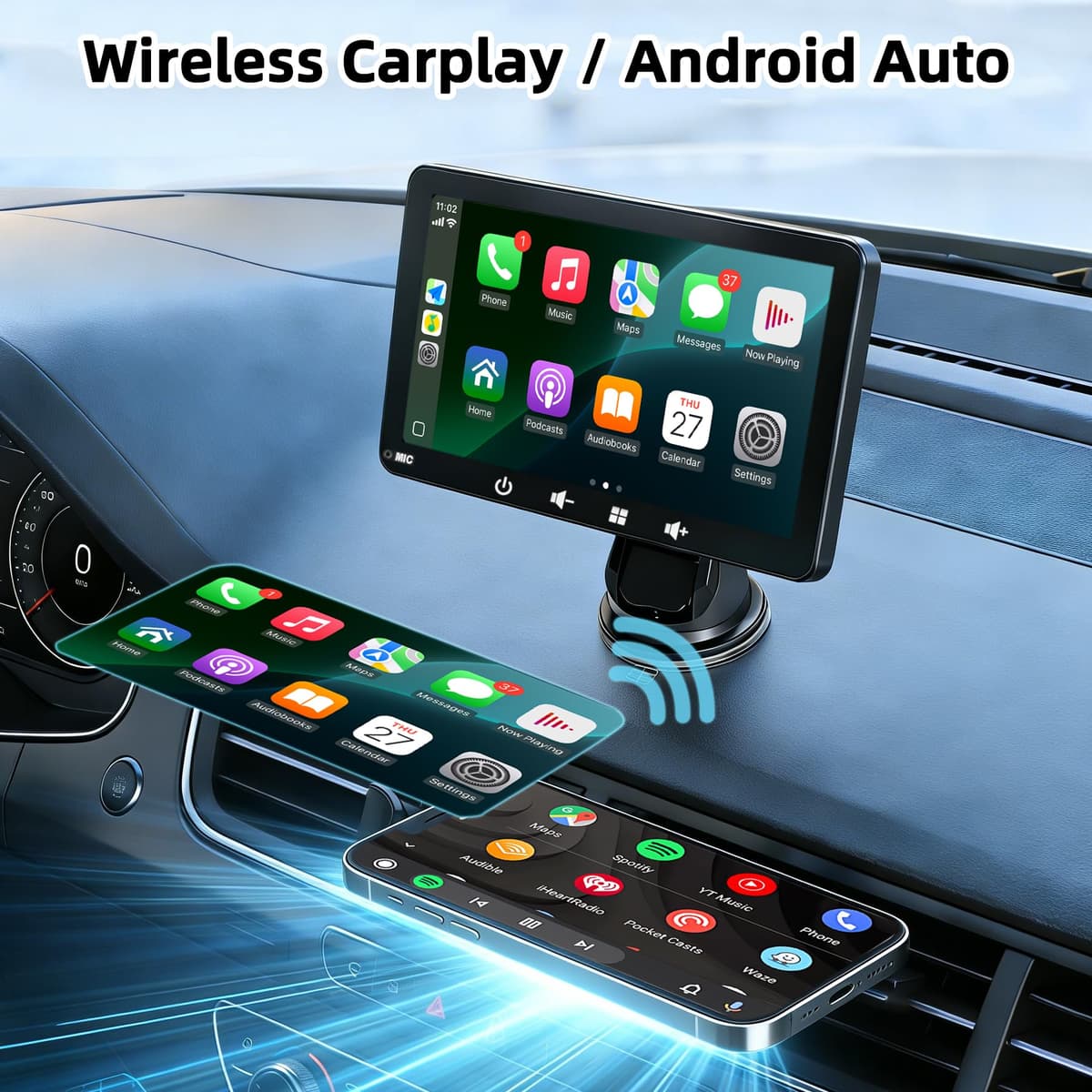 Pantalla Coche 7" con Carplay y Android Auto Inalámbrico - Radio Portatil con Pantalla Tactil | FM Transmisor, AUX, USB | Cámara Trasera | Plug & Play para la Mayoría de Coches (7 Pulgadas + cámara) — view 3