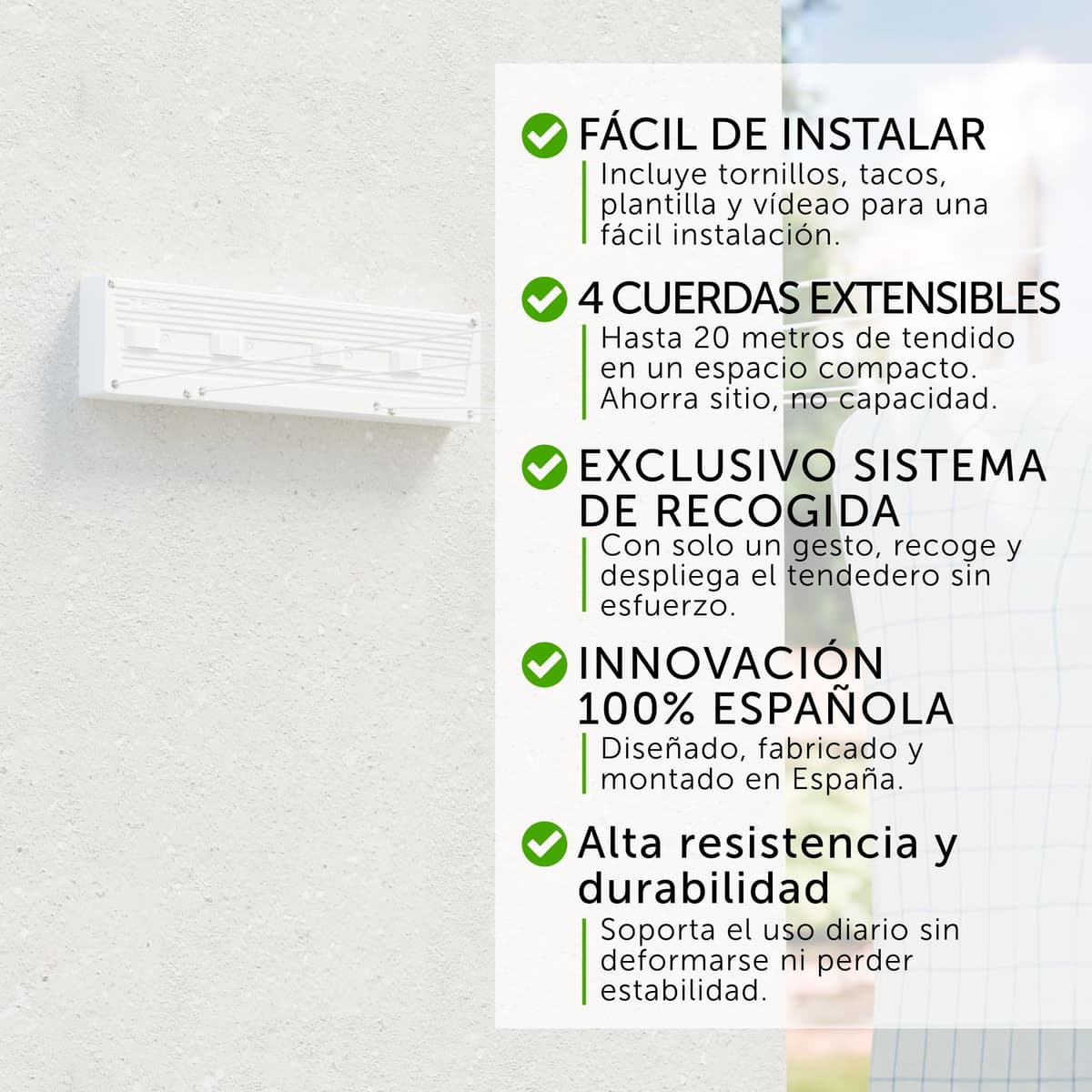 Cuncial TZ-S-4 | Tendedero Automático de Pared 4 Cuerdas | hasta 20 m de Tendido | Extensible 5 m por Cuerda | Blocaje Individual | Interior y Exterior | Compacto y Resistente | Fabricado en España — view 6