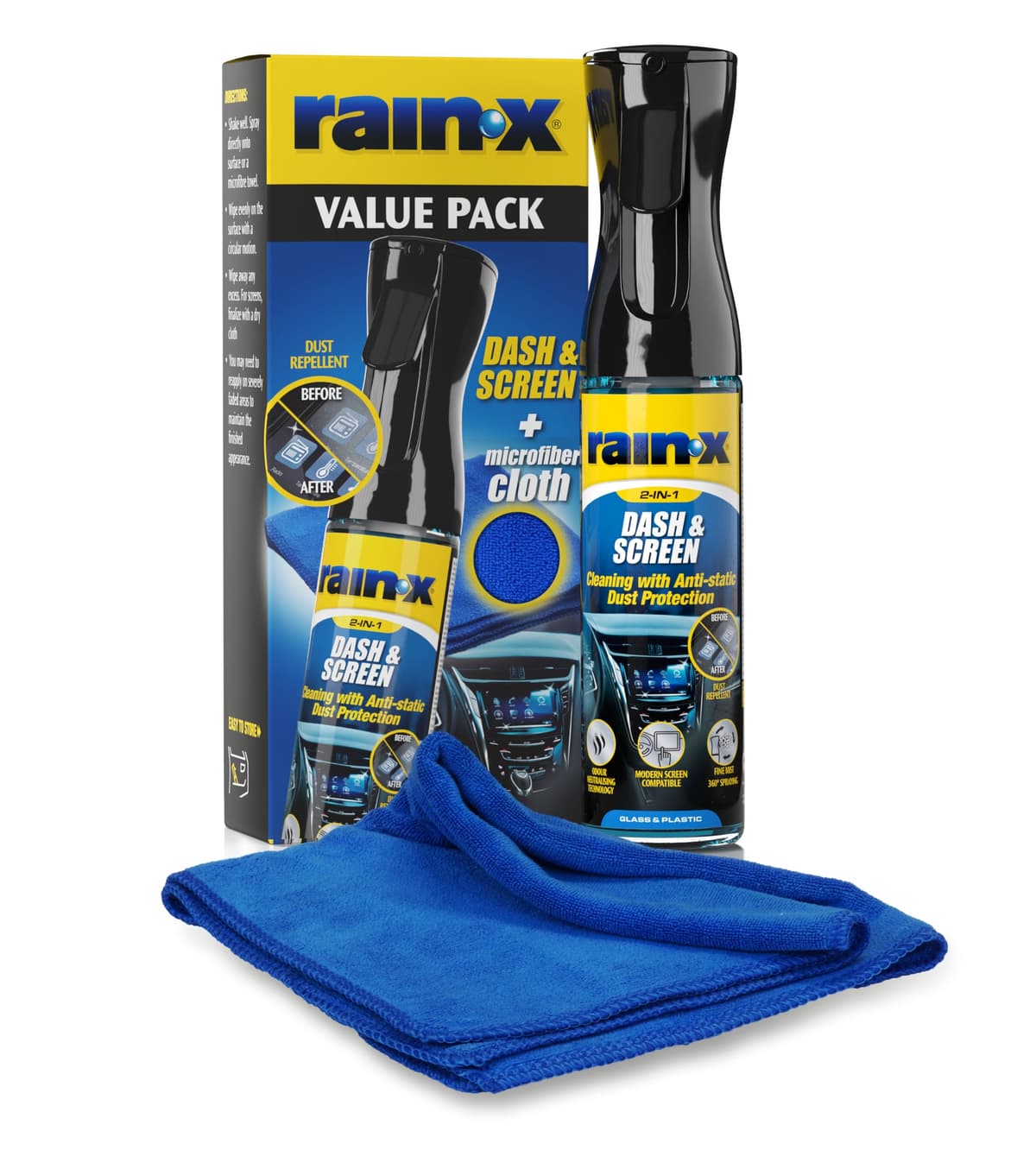 Rain-X Limpiador y Protector Premium para Salpicaderos y Pantallas – Fórmula Antihuellas con Recubrimiento Antiestático para Vidrio, Plástico y Superficies Delicadas + Paño de Microfibra – 300 ml