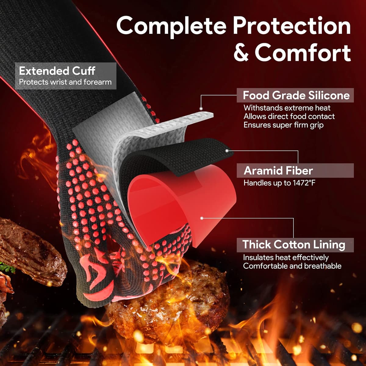 Guantes Barbacoa, Guantes para Horno Resistentes al Calor hasta 800℃ / 1472℉ para Cocina, Parrilla, Hornear, Microondas - certificación EN407(1 Par) (Rojo) — view 3