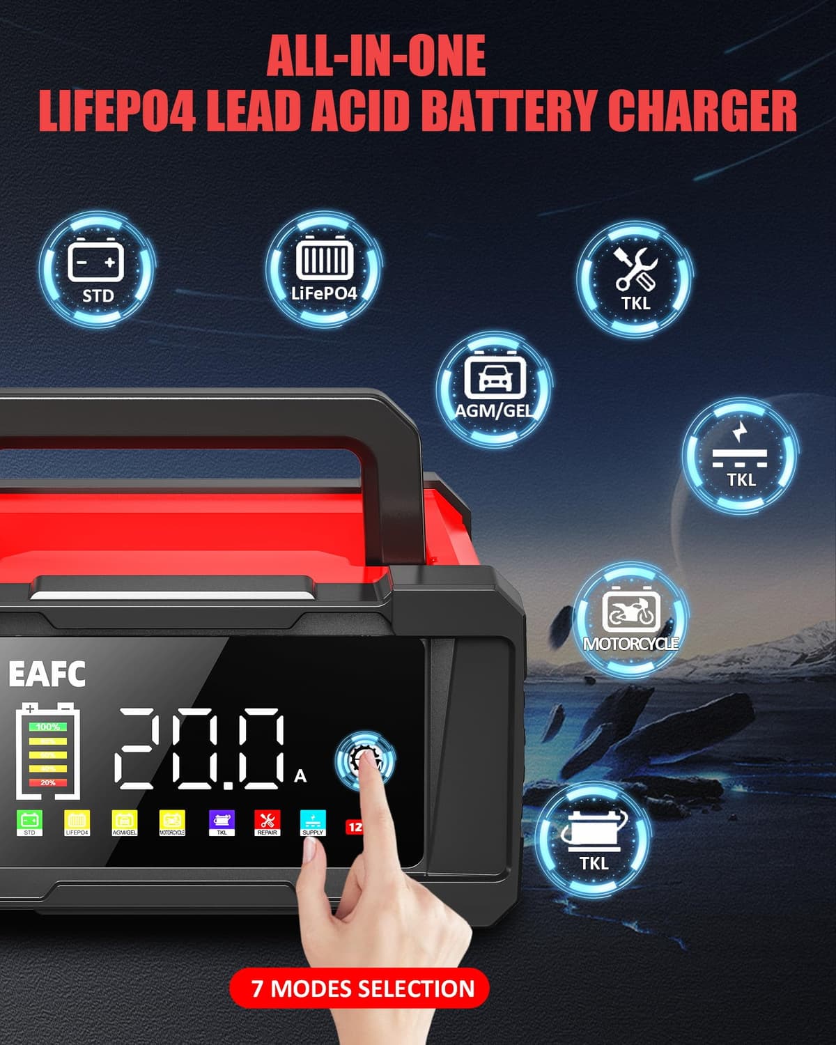 EAFC 20Amp 12V/24V Smart Car Battery Charger & Maintainer – Automatic Lead-Acid & LiFePO4 Battery Charger for Car, Motorcycle, Truck, Boat, Lawn Mower with LCD Display, Trickle Charge & Repair Mode — view 3