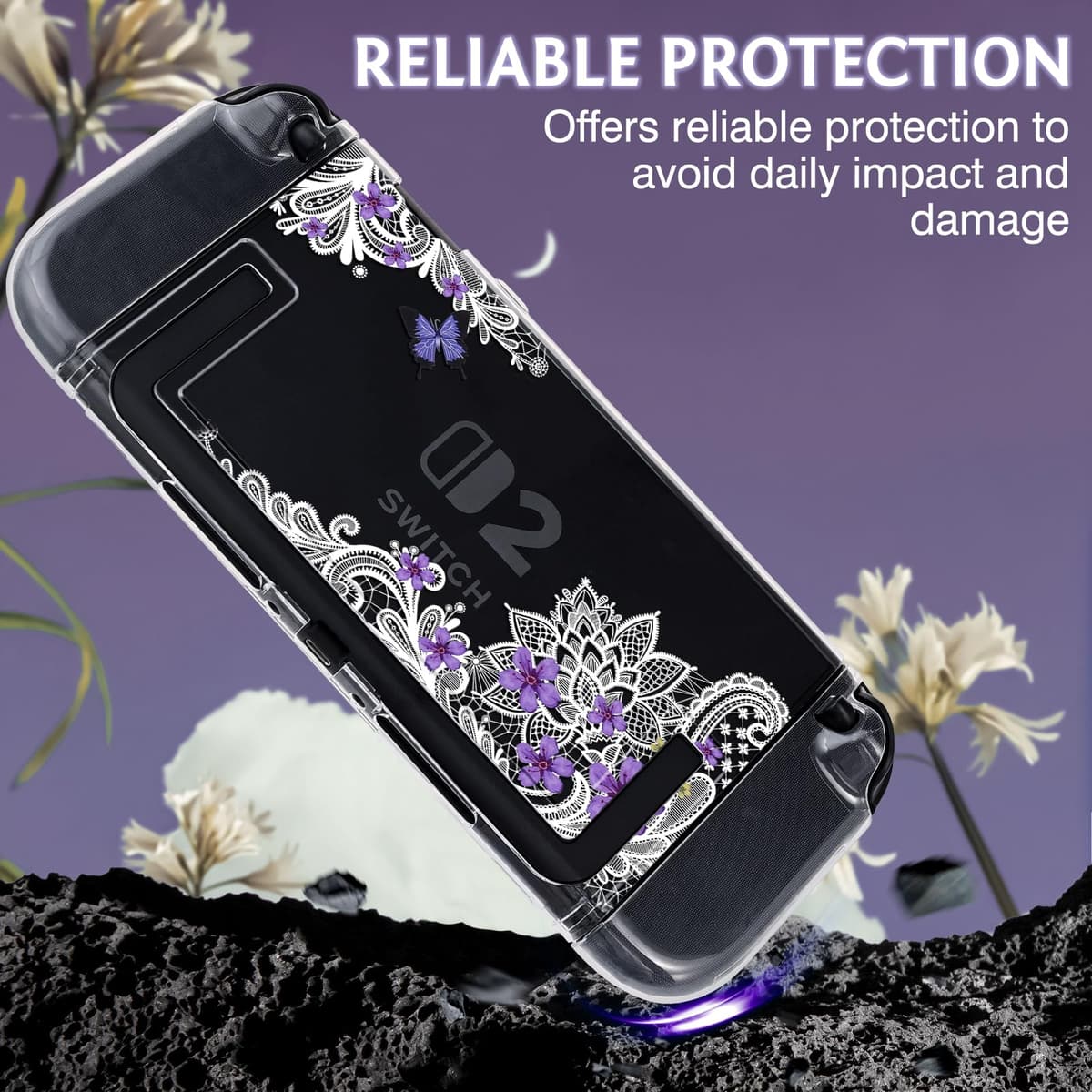 DLseego Clear Case Compatible with Switch 2,Anti-Scratch Slim Cover Case Pretty Printed Flowers PC Hard Protective Shell for Switch 2 with 2 Soft Joy-C Handle Cover,Butterfly Lace — view 2