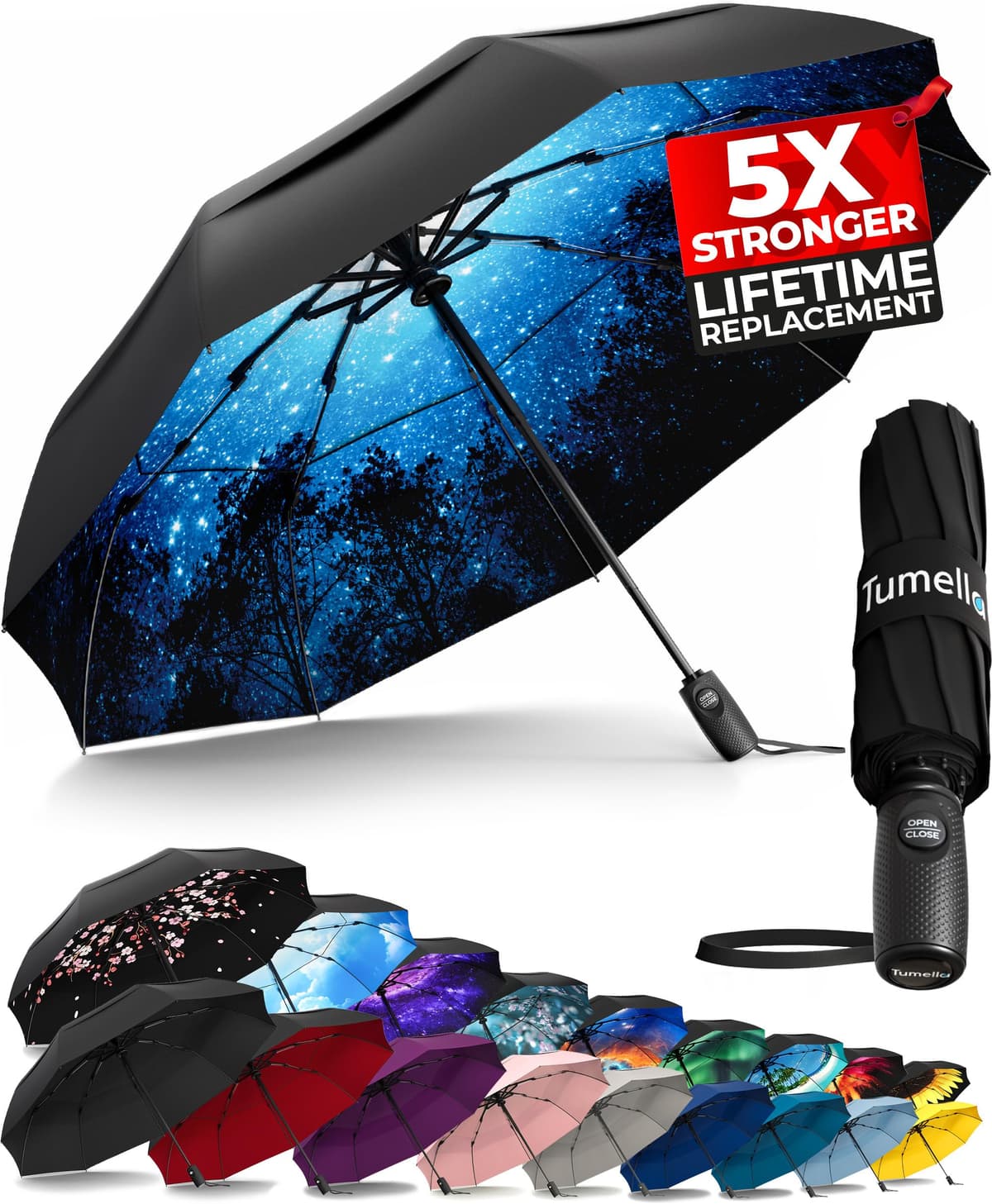 TUMELLA Strongest Windproof Travel Umbrella (Compact, Superior & Beautiful), Small Strong but Light Portable and Automatic Folding Rain Umbrella, Durable Premium Grip, Fits Car & Backpack Black — view 7