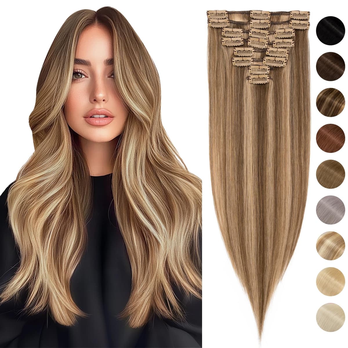 Silk-co 10inch Hair Extensions Clip in Hair Extension Human Hair #04 Medium Brown -Basic Thickness-Thin Weft- 8 Pieces Real Remy Straight Hair Extensions[50g] — view 227