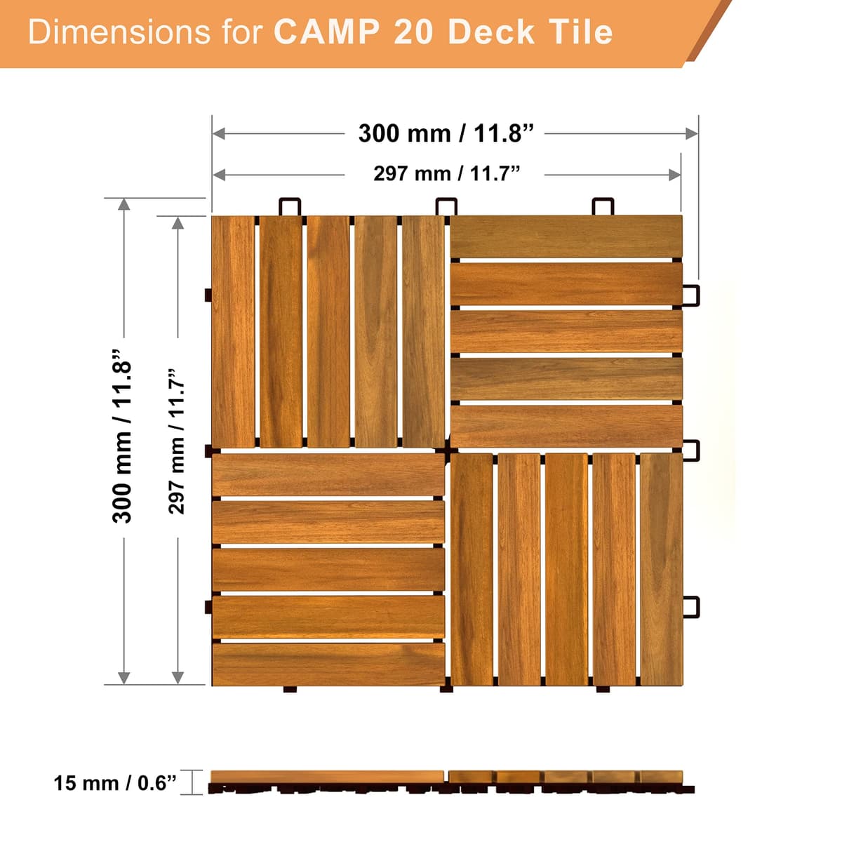 Interbuild Acacia Hardwood Decking Tiles,Decking Board Golden Teak 30×30cm 10 Tiles = 0.9 ㎡ per Pack for Patio & Balcony — view 5