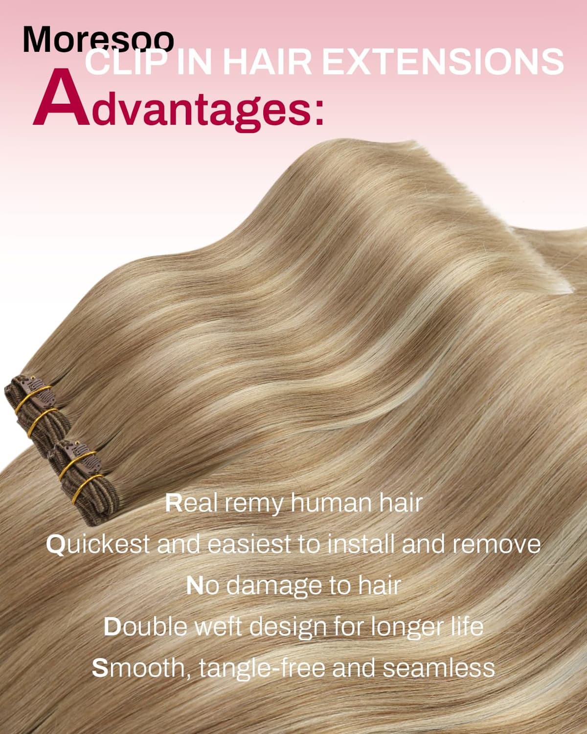 Moresoo Clip in Hair Extensions Real Human Hair Ombre Light Brown and Medium Blonde Double Weft Clip in Hair Extensions Real Hair Shoulder-Length Short Hair Add Volume 12 Inch 5pcs/80g #8/22/8 — view 2