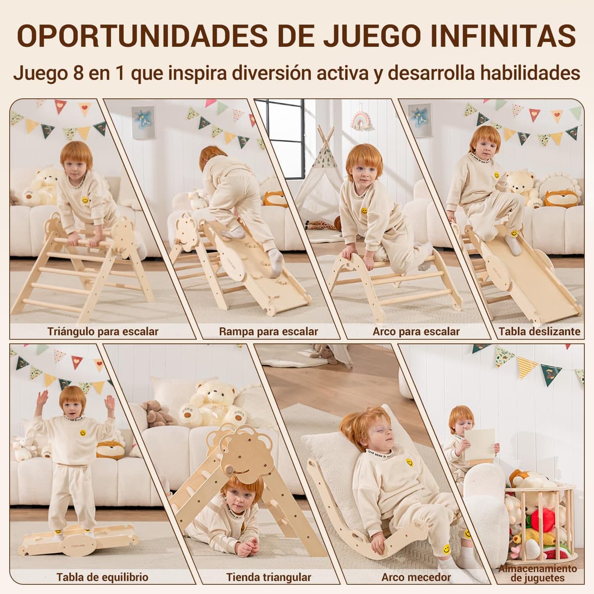 COSYLAND 8 en 1 Triángulo de Escalada Montessori con Arco y Rampa, Set Plegable Infantil, Juguete de Madera Resistente para Interior, Niños 18 Meses-6 años, Natural/Madera Clara, Mediano — view 4