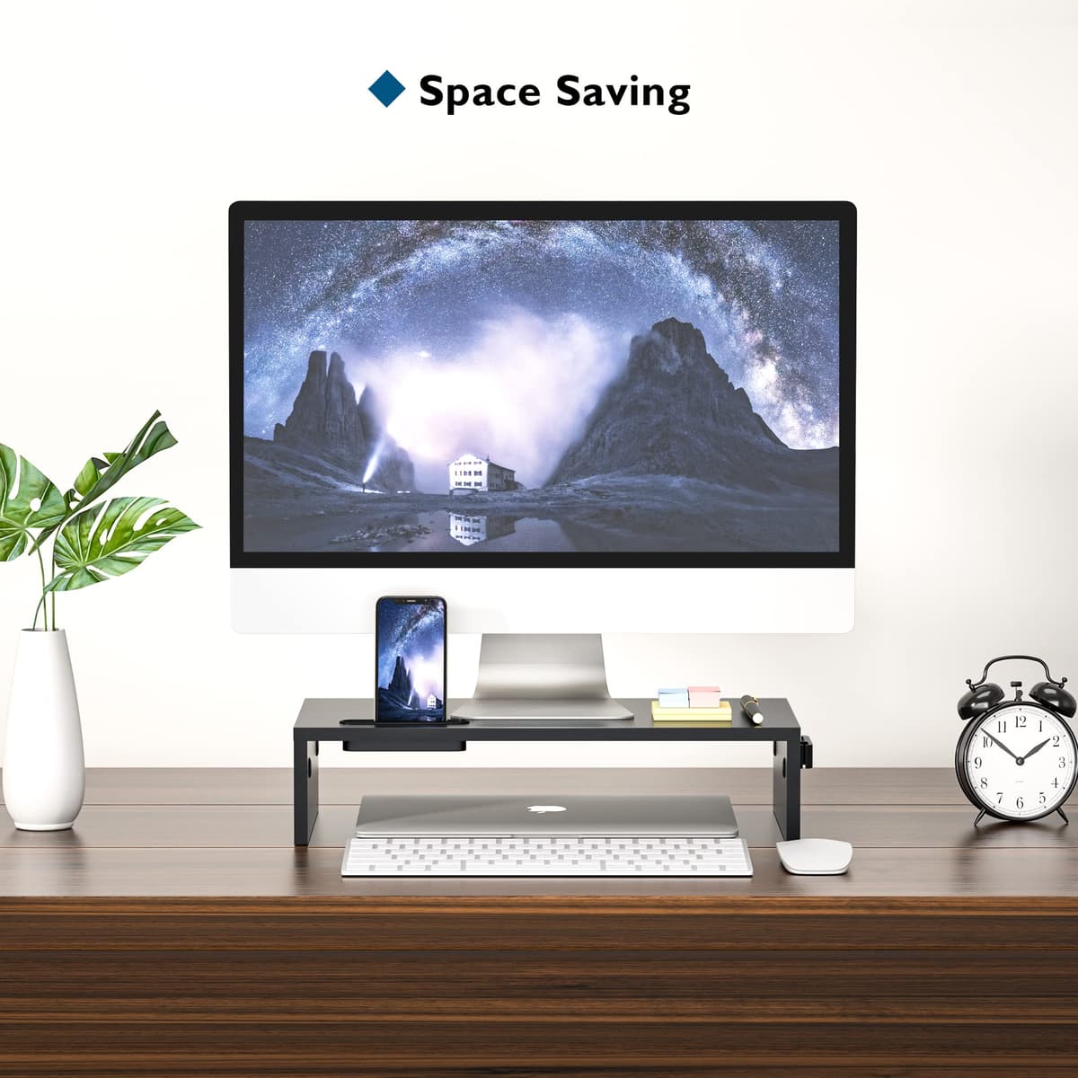 BONTEC Elevador Monitor de Madera para Monitor, Soporte para Monitor Escritorio de 1 Nivel con Gestión de Cables para Ordenador, Portátil, IMac, PC, Negro (W420 x D235 x H104mm) — view 4