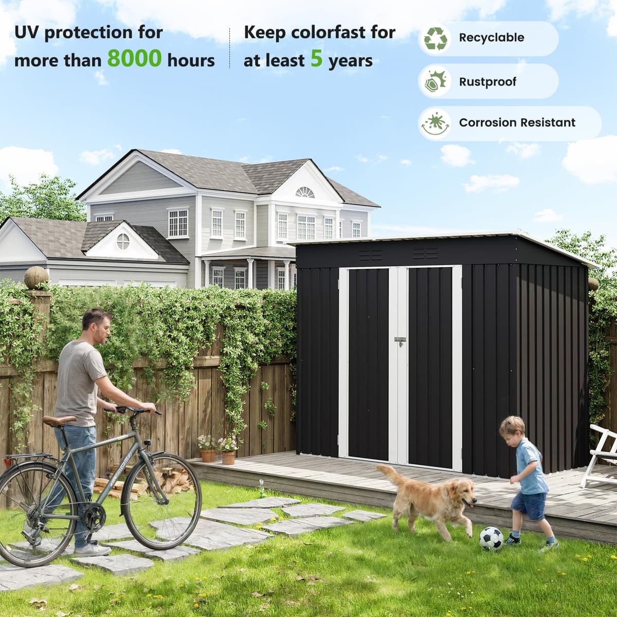 UDPATIO Metal Shed 8x4 FT, Outdoor Garden Storage, Waterproof Metal Shed for Firewood, Garbage Can, Tool, Lawnmower, Bike Shed, Galvanized Steel with Lockable Door for Backyard, Patio, Dark Grey — view 5
