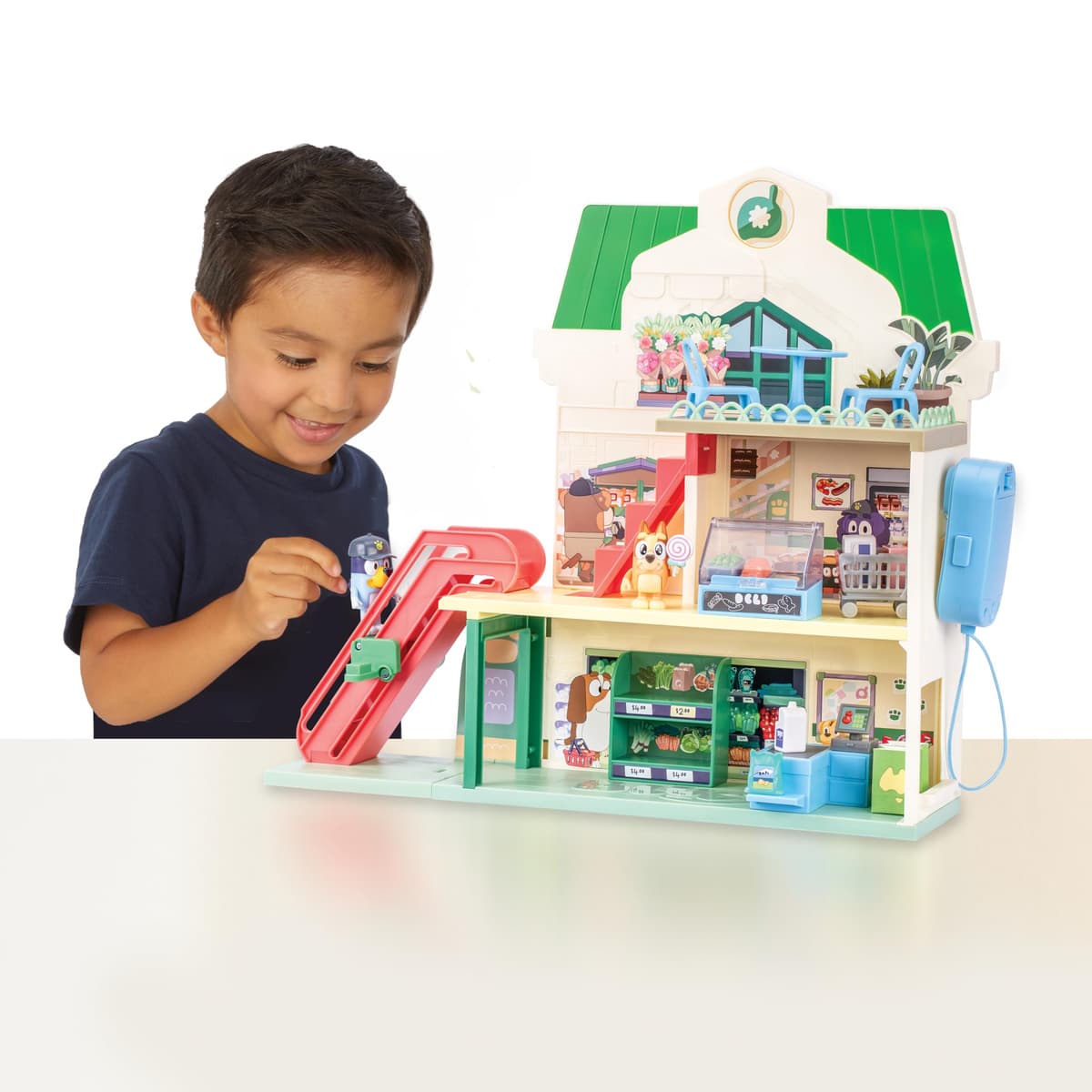 Bluey Supermarket Playset, 3 Different Levels With Exclusive Bluey and Bingo Figures. Includes Working Escalator, 24 Sounds and 15+ Play Pieces Plus Fun Intercom, Over 40cm (15") Tall. — view 5