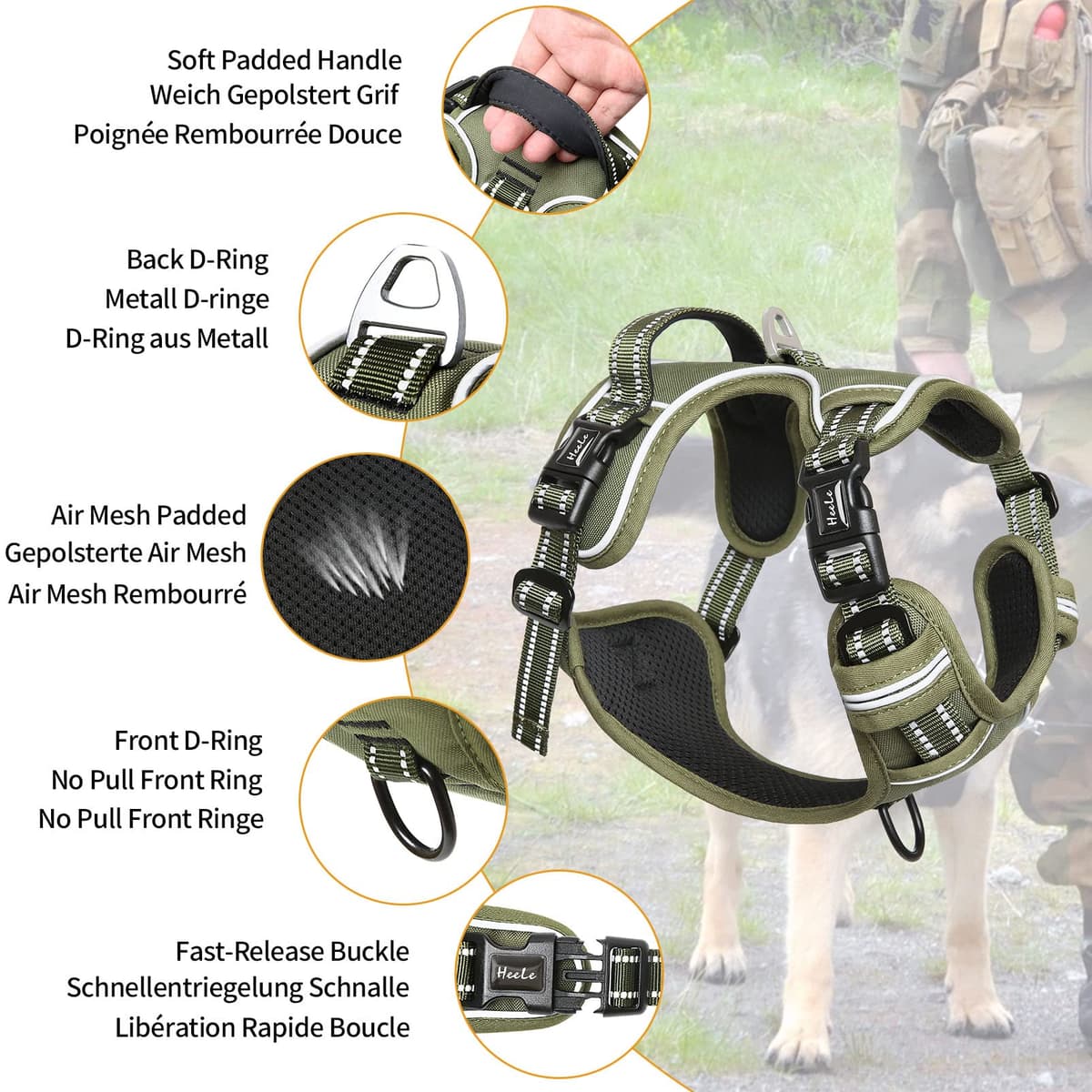 HEELE Dog Harness, No Pull Dog Harness Medium, Release on Neck, Front Back Clips Dog Vest Harness Reflective Adjustable Padded, Easy Control Handle for Outdoor Walking Training, Green, M — view 3