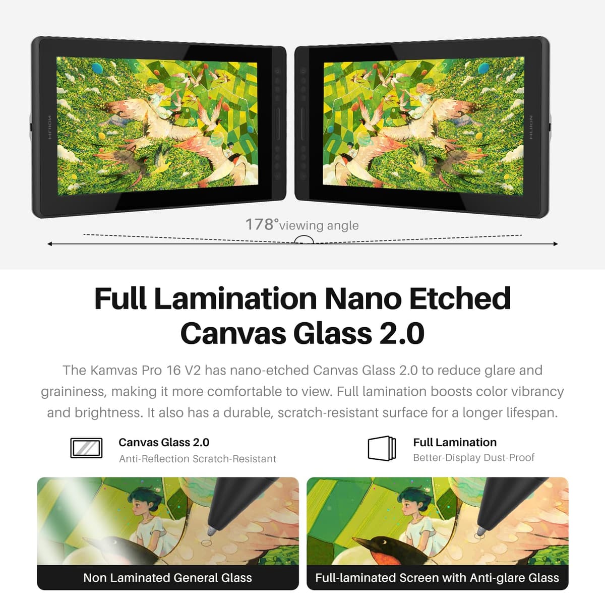 HUION Kamvas Pro 16 V2 Drawing Tablet with Screen 16384 Levels Battery-Free Pen Tilt Support 2g IAF, 15.6" Full-Laminated AG Glass, Smart Touch Bar & 6 Keys Art Tablet Work with Windows, Mac and Linux — view 4