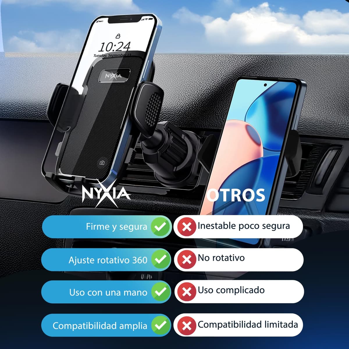 Nyxia Car Mobile Holder | Metal Hook | Universal Car Phone Holder for Super Stable Ventilation Grille | 360º Rotation | Use with One Hand | Compatible with Mobile Phone from 4 Inches to 7 Inches — view 5