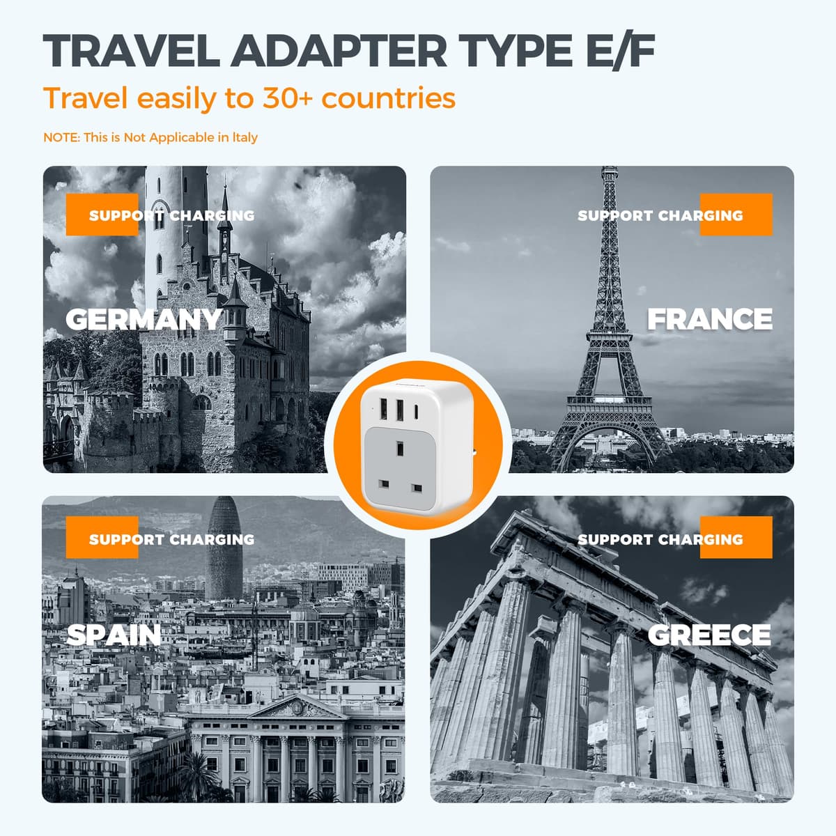 TESSAN UK to European Plug Adapter 2 Pack, USB C Travel Adapter UK to Europe with 3 USB, 4 in 1 Type E F EU Plug for Euro Spain France Turkey Germany Egypt Norway Iceland Greece Portugal Poland — view 5