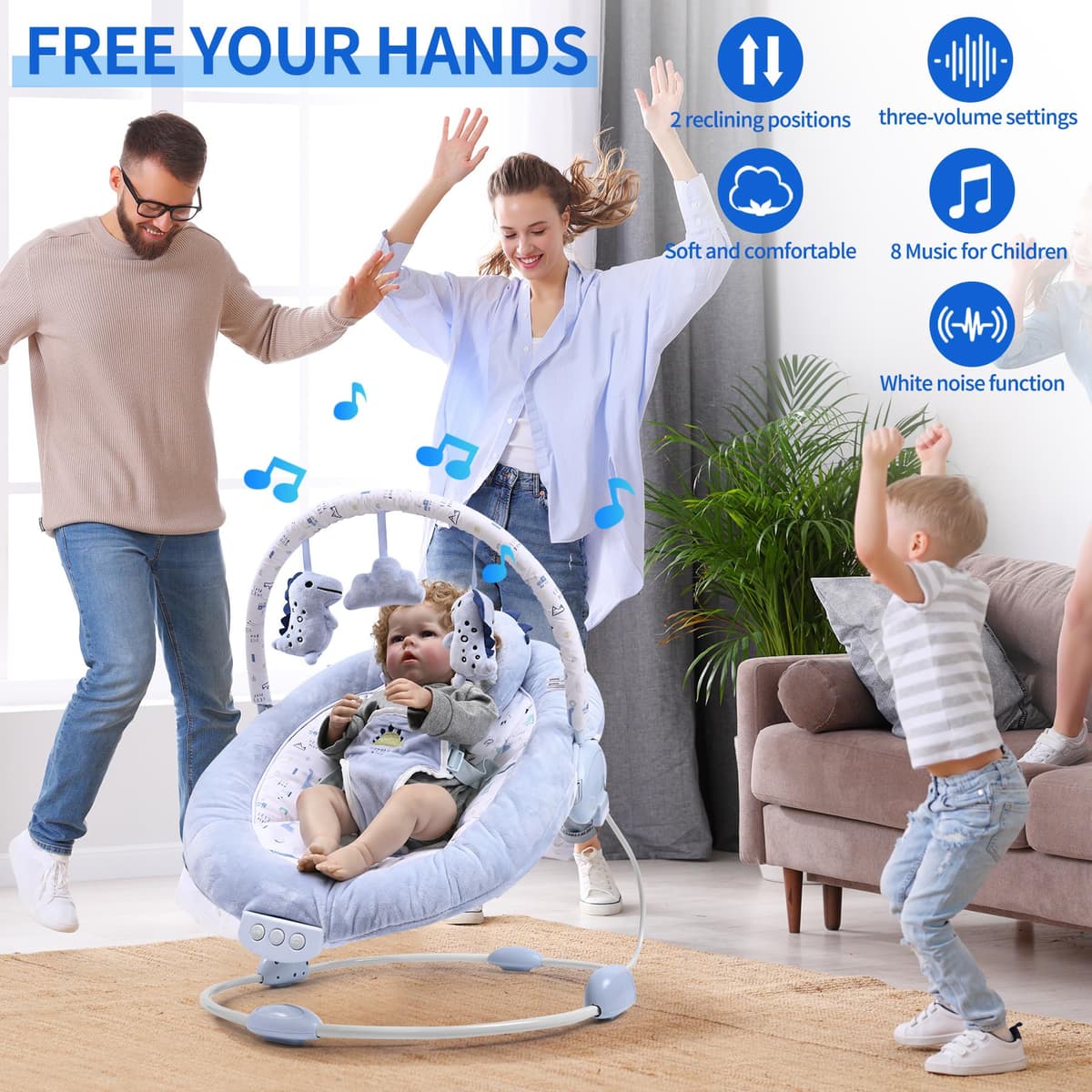 LADIDA Soft Light Blue Baby Bouncer, Soothing Vibrations and Music, Removable Toy Bar with 3 Toys Suitable for Newborns — view 2
