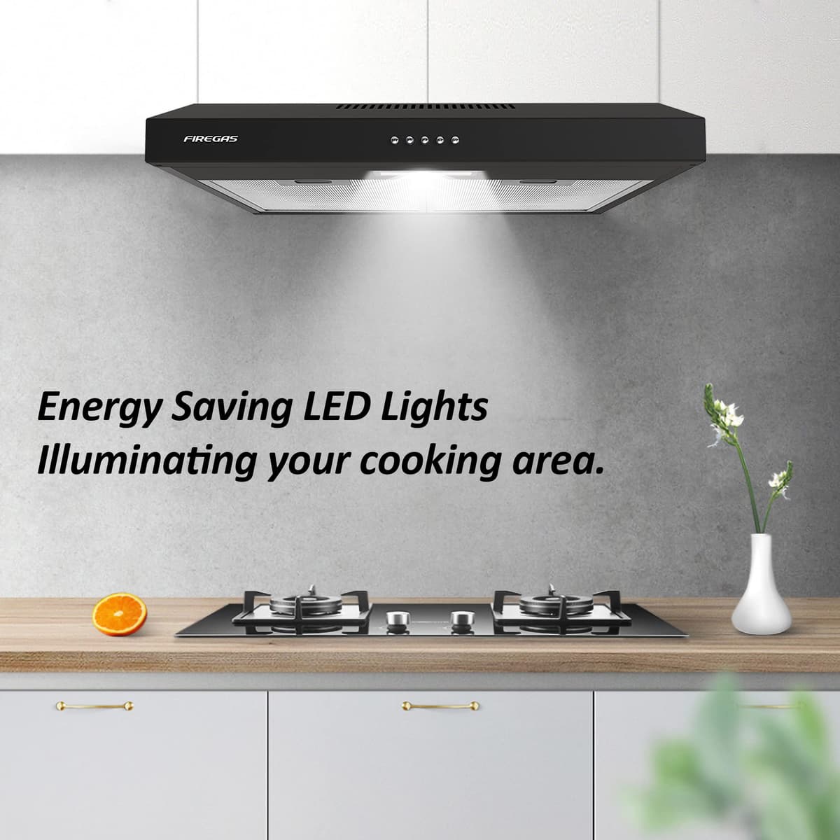 FIREGAS 60cm Visor Cooker Hood LED Extractor Hood Under Cabinet Hood Wall Mounted Extractor Fan Kitchen 600 mm Top Vented Range Hood,Black — view 3