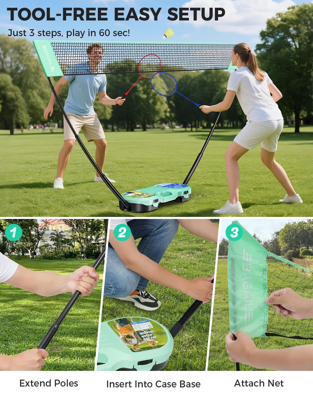 BAGAIL Conjunto de Red de bádminton portátil - Bolsa de Almacenamiento - Base autónoma - Instalación rápida - Red de bádminton con 4 Raquetas y 4 Volantes para Jugar en Interiores y Exteriores — view 5